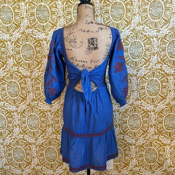 OMIKA Anthropologie Dunmore Square Neck Smock Tie Back Embroidered Mini Dress XS - Picture 8 of 10